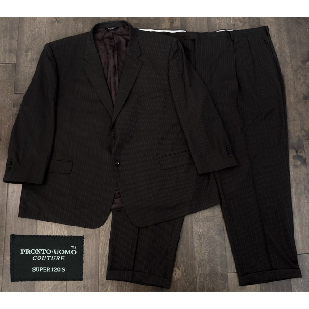 Pronto Uomo Couture Super 120s 2PC Brown Striped Wool Suit Jacket 58R Pant 54X31